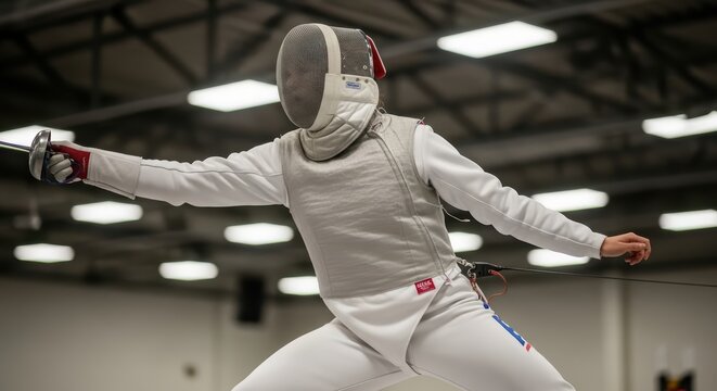 Young caucasian female fencer in action during indoor match - Powered by Adobe