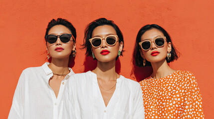 Stylish asian women wearing sunglasses against vibrant orange wall, bold fashion choices and confident s. Their outfits and accessories modern trends