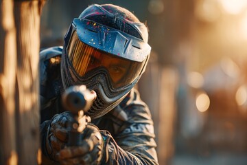 A determined paintball player aiming his gun, wearing a protective mask, with vibrant sunlight creating a sense of urgency and action, ready to engage in the game.