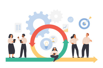 Agile scrum methodology, flexible business process, life cycle for software development. Tiny people work, testing digital project at rotation cyclic progress arrow cartoon vector illustration