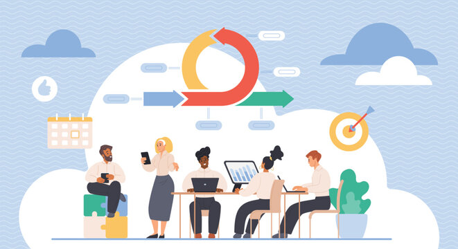 Scrum process of business project development by team with agile methodology. Tiny people work with daily task sprint method for workflow management and integration cartoon vector illustration