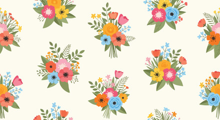 Fototapeta premium Colorful floral pattern featuring stylized bouquets. Bright flowers in various colors create a repeating design