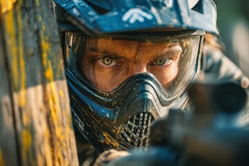 Fototapeta premium Intense close-up of a paintball player in full gear, helmet and mask, focused on the game, aiming paintball gun, during the heat of battle with determination.