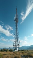 Fototapeta na wymiar A tall cell tower stands against a bright blue sky with some clouds. The illustration captures rural landscape with a communication tower infrastructure. The photo shows modern tech and connectivity.
