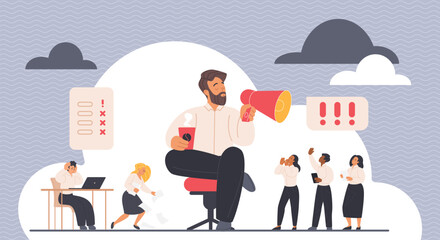 Arrogant, bad selfish behavior of boss in business communication, team management. Big man with megaphone sitting in chair to ignore questions of tiny employees cartoon vector illustration