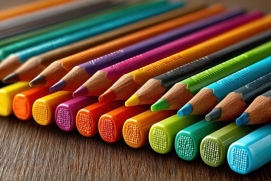 Close up of vibrant colored pencils on wooden surface