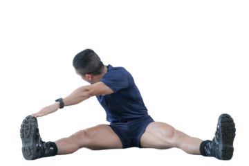 Man stretching legs floor, wearing navy sportswear, black shoes, and watch, performing seated side stretch with arms extended, fitness and flexibility training, isolated transparency background