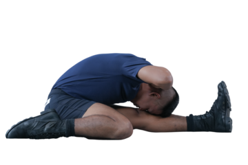 Athlete stretching leg on floor, wearing blue sportswear and black shoes, demonstrating flexibility and focus in fitness routine, isolated on transparency background