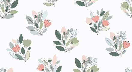 Fototapeta premium Floral vector seamless pattern. This stylish botanical design features pink and green flowers and leaves on a white background