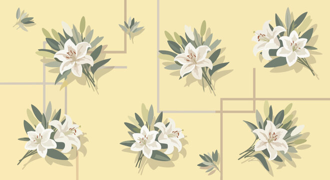 Graphic repeat pattern with easter lily flower bouquets on a soft yellow background with box outlines