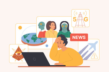 Conspiracy theory spreading online, paranoia. Tiny man with panic sitting at computer to read false facts about flat Earth and 5G danger, reptilians in crowd of people cartoon vector illustration