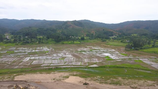 Aerial drone view of a rural valley in Aileu, Timor Leste. Features vast rice paddies, mountains, and vehicles crossing a wide riverbed on a rough, unpaved road.