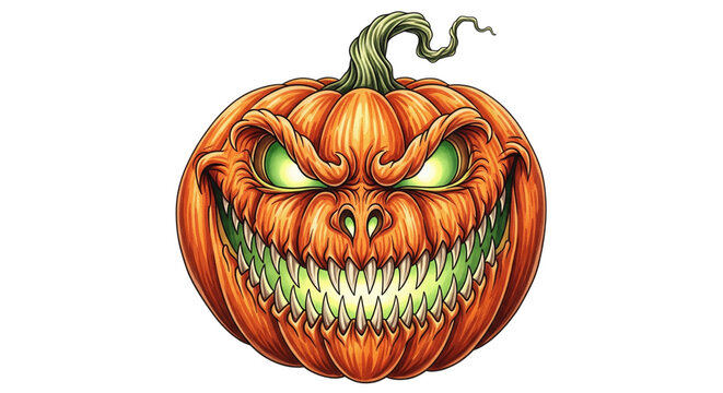 Sinister pumpkin face glowing eyes sharp teeth orange vegetable Halloween spooky scary carved green stem evil expression sinister pumpkin face with glowing eyes and sharp teeth featuring evil