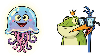 Cartoon jellyfish, frog with crown, bird with glasses, cute animal characters, colorful illustration, white background, playful and whimsical design