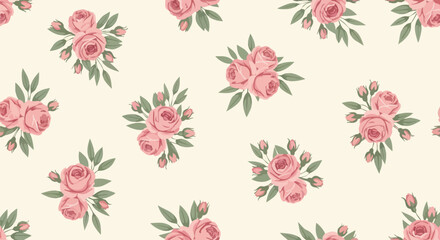 Fototapeta premium Elegant floral pattern featuring pink roses and green leaves arranged in a repeating design on a cream background, perfect for textiles and decorative projects.