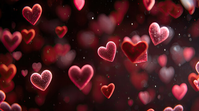 Floating red hearts create mesmerizing scene, softly pulsating against dark background, evoking feelings of love and warmth. This enchanting display captures essence of romance and affection