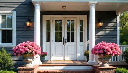Fototapeta premium Beautiful house front entrance with classic white double doors. Dark grey siding, bright white columns frame inviting porch. Large pink azalea flowers bloom in elegant planters on brick steps.