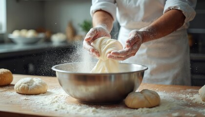Chef works with raw dough in metal bowl, dusting with flour. Nearby are portions of prepared dough on wooden surface. Hands shape raw bread dough. Kitchen scene.