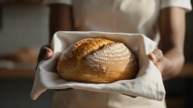 Baker holding artisanal sourdough bread in apron with rustic bakery background