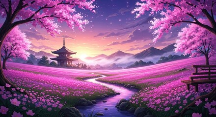 Serene Cherry Blossom Valley at Sunset