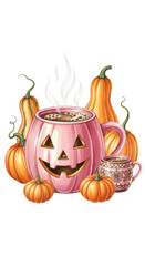 Pumpkin mug steam Halloween autumn orange squash cozy festive hot beverage create warm and inviting Halloween scene with pink jack o lantern mug and pumpkins