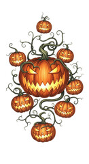 Scary carved pumpkin faces with glowing eyes and twisted vines, Halloween atmosphere, orange jack o lanterns, spooky and festive mood, detailed illustration