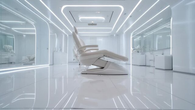 Modern Minimalist Medical Treatment Room With White Electric Dental Chair Reflecting On Glossy Floor