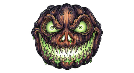 Evil pumpkin scary face glowing eyes sharp teeth green slime Halloween horror spooky cartoon illustration