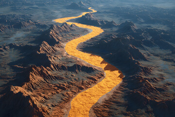 Stunning aerial view of vibrant yellow river winding through textured earth, creating a natural abstract landscape with unique geological formations