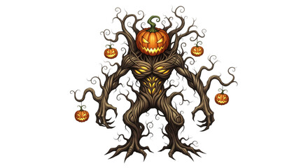 Pumpkin tree monster Halloween spooky fantasy autumn scary twisted glowing evil illustration dark forest mythical creature orange wood night eerie haunted celebration horror magic seasonal leaf