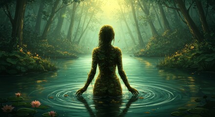 Female Silhouette Body Made of Flowing Water in Forest River