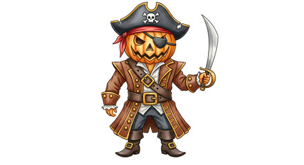 Pumpkin head pirate character with eyepatch, brown coat, red bandana, and sword, standing confidently with mischievous smile, perfect for Halloween or adventure themes