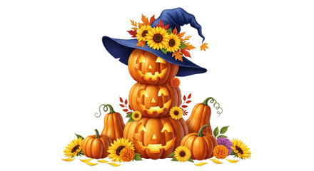 Stacked carved pumpkin jack o lanterns with happy faces, wearing blue witch hat decorated with sunflowers and autumn leaves, surrounded by pumpkins and flowers, festive and cheerful