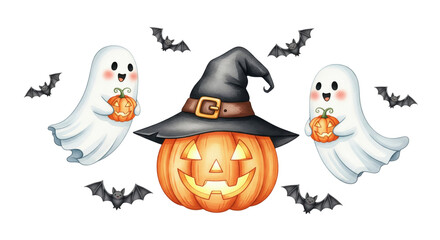 Smiling pumpkin with witch hat, two cute ghosts holding pumpkin buckets, and flying bats create playful Halloween scene with festive and cheerful atmosphere
