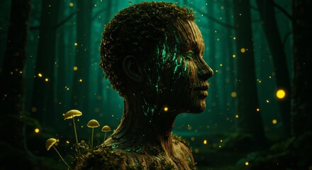 Human Face with Glowing Tree Bark Skin in Mystical Forest