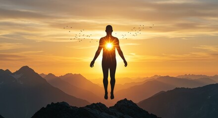 Floating Human Silhouette with Radiant Sun Heart on Mountain Peak