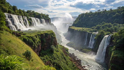Fototapeta premium Spectacular multi-tiered waterfalls with massive mist clouds, verdant gorge walls, lush vegetation, river below, and blue sky.