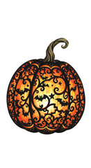 Intricate pumpkin lantern with swirling patterns, glowing orange light, decorative cutouts, festive Halloween atmosphere, whimsical and enchanting design