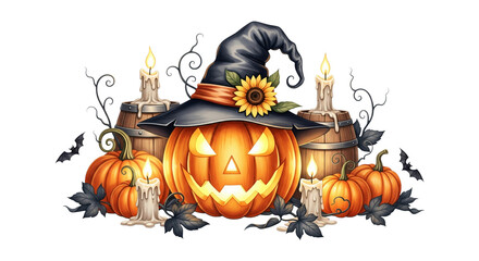 Halloween pumpkin with witch hat, glowing candles, wooden barrels, bats, and autumn leaves create spooky festive atmosphere, perfect for seasonal celebration and decoration