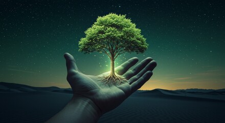 Hand Growing Tree from Palm Under Starry Desert Sky