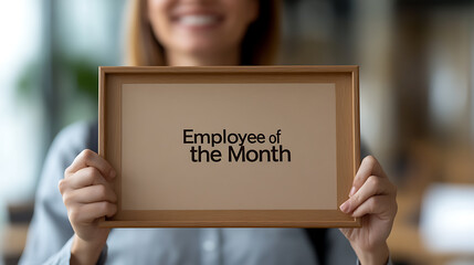 A smiling employee holds up an "Employee of the Month" award in a wooden frame, symbolizing recognition, achievement, and workplace success.