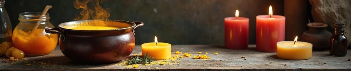 Rustic Kitchen Candle Making Simmering Wax, Wicks, Dyes, and Fragrant Oils Ready for Handcrafted Candles - Relaxing DIY Scene