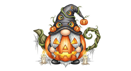 Pumpkin gnome with white beard, wearing spooky hat with eyes and pumpkins, surrounded by candles, spider webs, and green vines, creating whimsical Halloween atmosphere