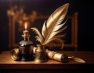 Golden Age of Writing: Quill, Ink, and Illumination on a Timeless Wooden Desk, A Luxurious Study in Light and Shadow