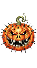 “Spooky pumpkin with sharp teeth evil eyes orange color green stem black spikes Halloween theme scary expression detailed illustration isolated background”
