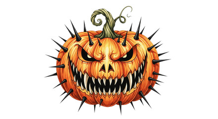 Angry pumpkin scary face sharp teeth spiky orange vegetable Halloween evil expression carved illustration isolated