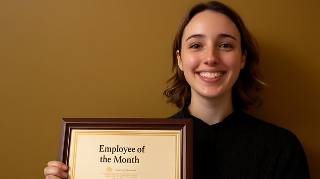 Employee of the Month award recipient, smiling proudly with certificate. Success, achievement, recognition, and professional accomplishment.