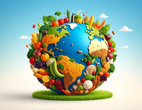 World Food Day poster illustration showing the Earth made of various foods — wheat fields, fruits, vegetables, rice paddies, and water — symbolizing global unity in fighting hunger. Bright, colorful, 