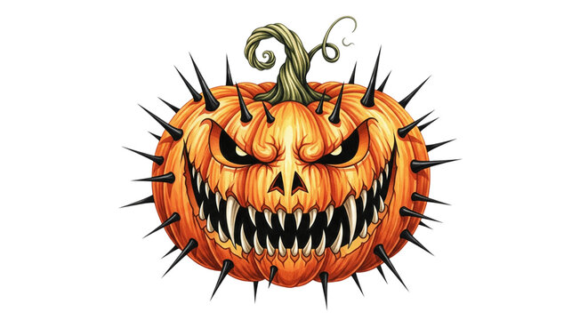Angry pumpkin scary face sharp teeth spiky orange vegetable Halloween evil expression carved illustration isolated