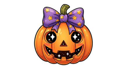 Cute pumpkin Halloween cartoon orange purple bow stars smiling festive decoration cheerful magical autumn spooky fantasy sticker illustration shiny happy playful holiday celebration night glowing